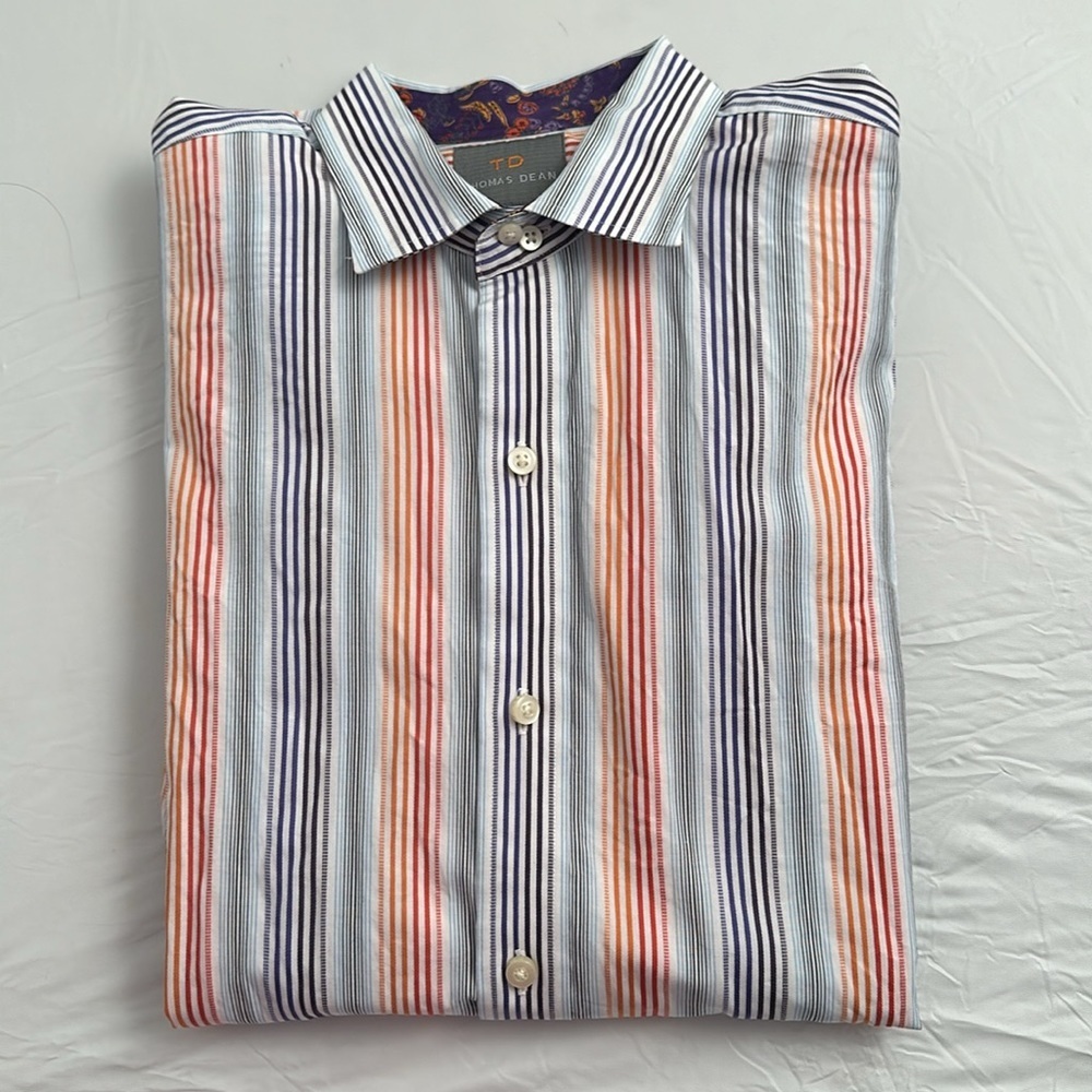 Thomas Dean multicolor rainbow stripe contrast cuffs button down dress shirt